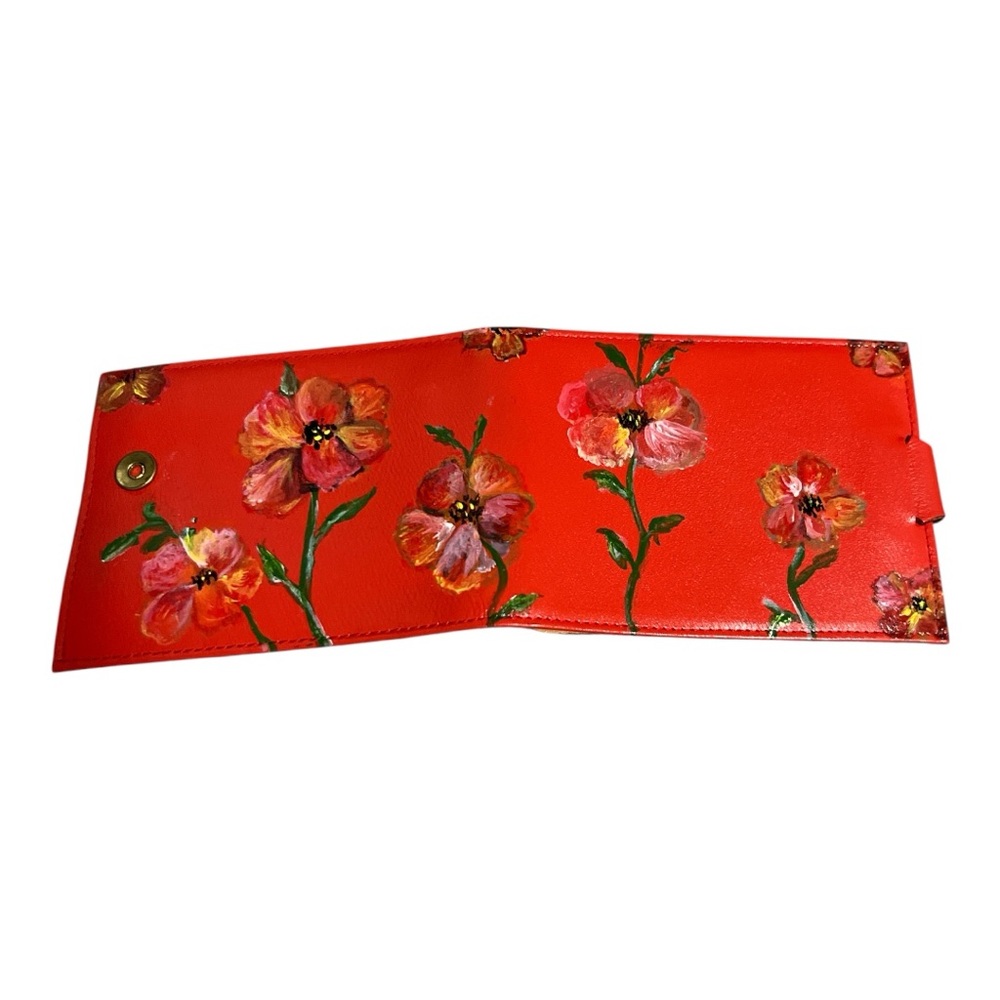 Vintage Hand Painted Leather Wallet Red Floral Boho Artisan One of a Kind - Picture 7 of 7